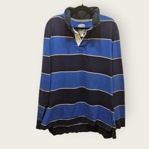 Lands End Mens Authentic Rugby Shirt XL Blue Navy Striped Long Sleeve Cotton